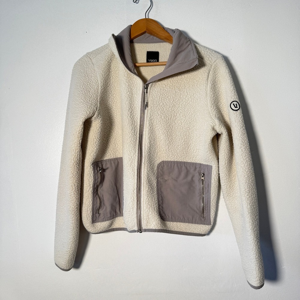 Vuori Alpine Sherpa Jacket Women Cream Grey Full Zip Fleece Pockets